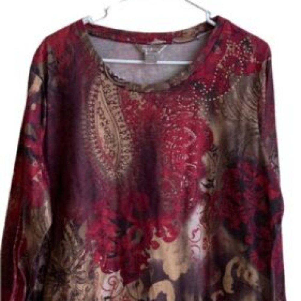 White Stag Womens XL Top Red Multicolor Sequined 3/4 Sleeve